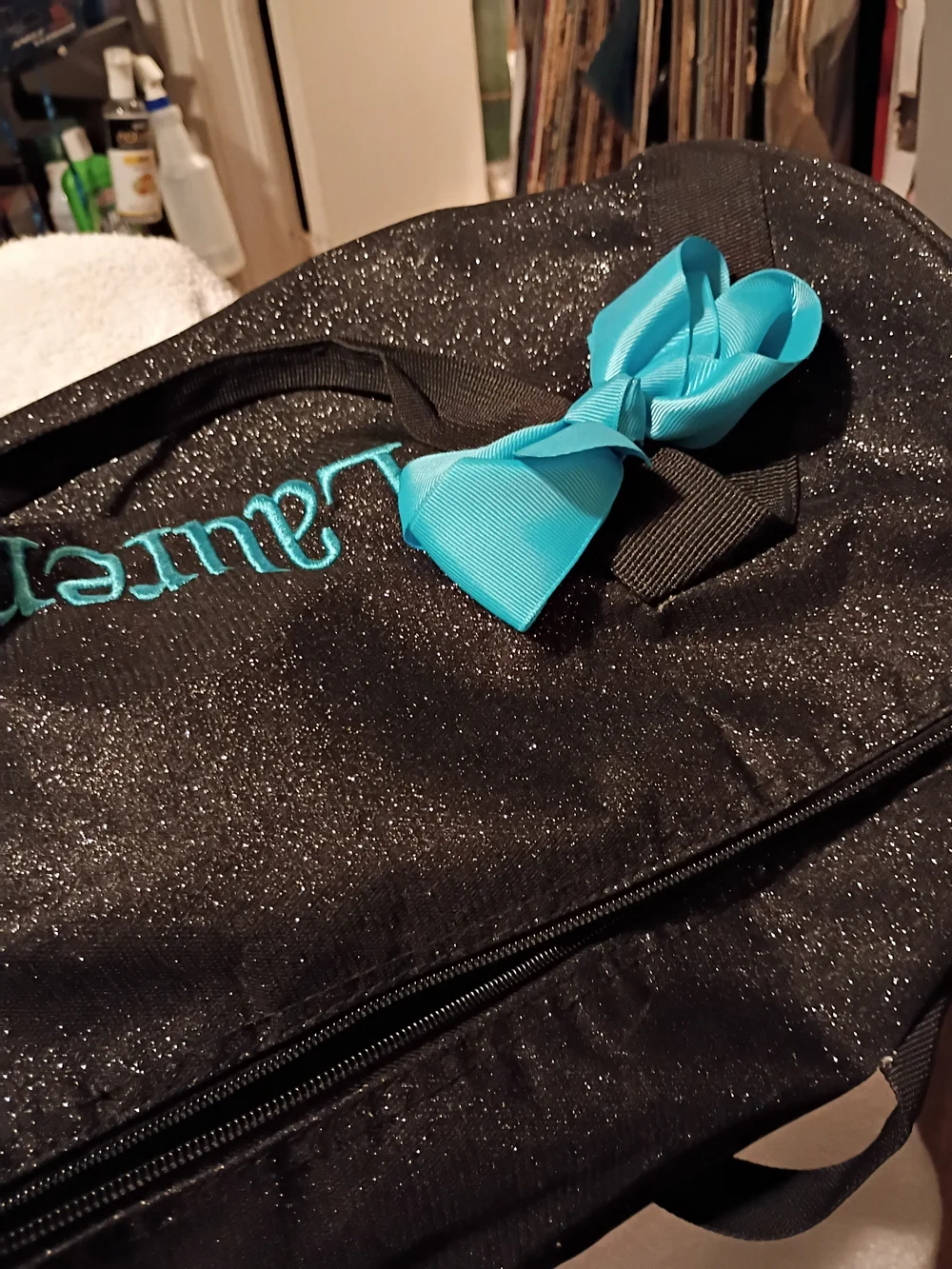 Source Unknown Black Tote with Teal Embroidery and Teal Bow
